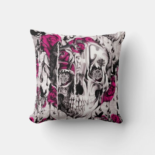 灰色およびピンクの溶けるばら色のスカル クッション (正面)