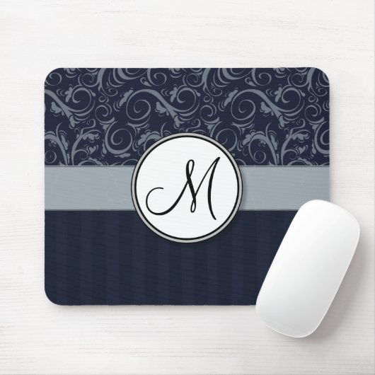 灰色および海軍花の小束はモノグラムと及び縞で飾ります マウスパッド (マウス)
