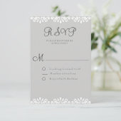 灰色および白いレースのエレガントで、ロマンチックなRSVPカード 出欠カード (スタンド正面)