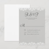 灰色および白いレースのエレガントで、ロマンチックなRSVPカード 出欠カード (正面/裏面)