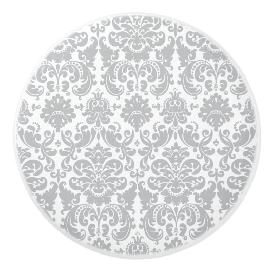 灰色および白くエレガントなダマスク織パターン セラミックノブ (正面)