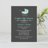 灰色および真新しい緑のヴィンテージのカップルのベビーシャワー 招待状 (スタンド正面)