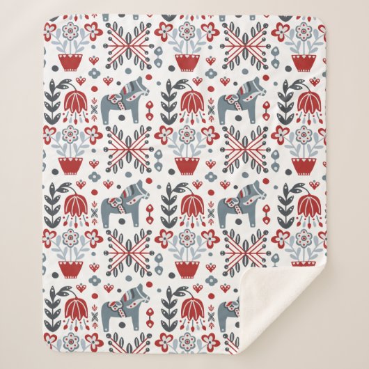 灰色および赤いの北欧の子馬および花柄パターン シェルパブランケット (正面)