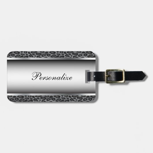 灰色および銀製のヒョウのアニマルプリント|は個人化なります ラゲッジタグ (正面横)