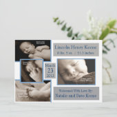 灰色および青の写真の誕生の発表5x7カード 案内状 (スタンド正面)