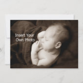 灰色および青の写真の誕生の発表5x7カード 案内状 (裏面)