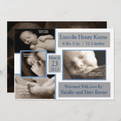 灰色および青の写真の誕生の発表5x7カード 案内状 (正面/裏面)