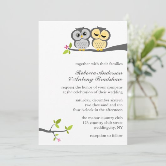 灰色および黄色のフクロウの結婚 招待状 (スタンド正面)