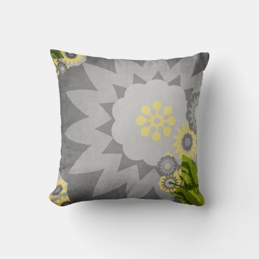 灰色および黄色のモダンな花 クッション (正面)
