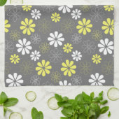 灰色および黄色の花模様 キッチンタオル (折り畳み)
