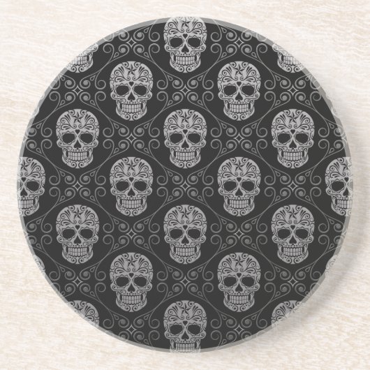 灰色および黒い砂糖のスカルパターン コースター (正面)