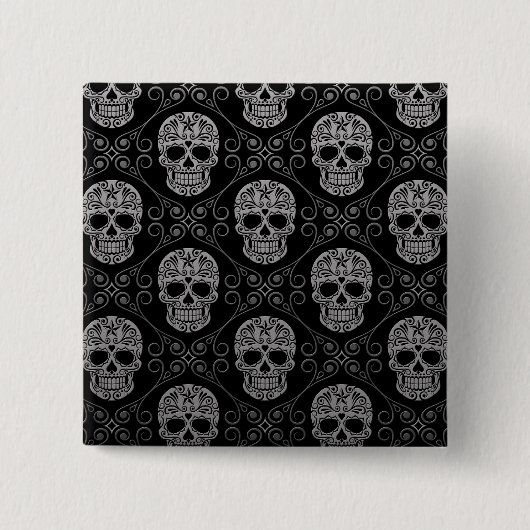 灰色および黒い砂糖のスカルパターン 缶バッジ (正面)