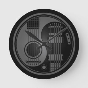 灰色および黒い音響のエレキギターの陰陽 ラウンド壁時計