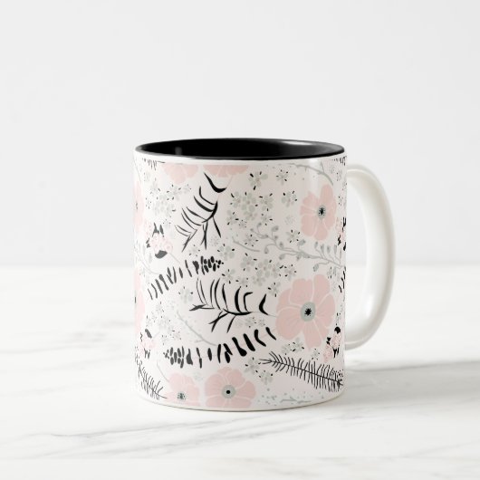 灰色お洒落ピンクの黒いパターン（の模様が）ある花 ツートーンマグカップ (正面右)