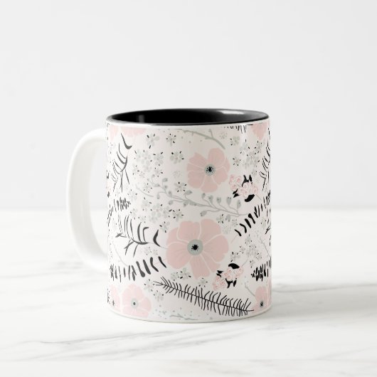 灰色お洒落ピンクの黒いパターン（の模様が）ある花 ツートーンマグカップ (正面左)