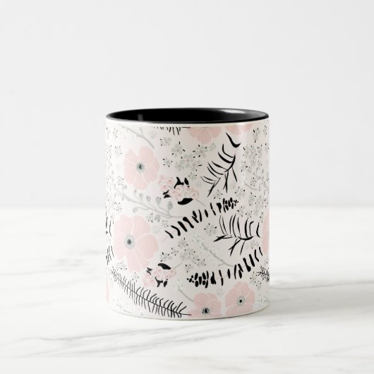 灰色お洒落ピンクの黒いパターン(の模様が)ある花 ツートーンマグカップ (中央)