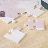 灰色かわいらしがかった青の水色ピンクと白フローラ ジグソーパズル (側面)