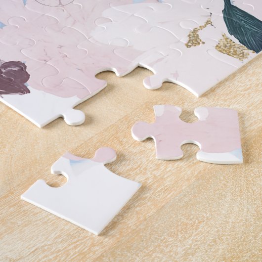 灰色かわいらしがかった青の水色ピンクと白フローラ ジグソーパズル (側面)