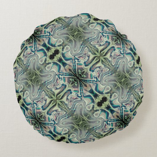 灰色がかった緑と緑がかったシアンのthroの繰り返し ラウンドクッション (裏面)