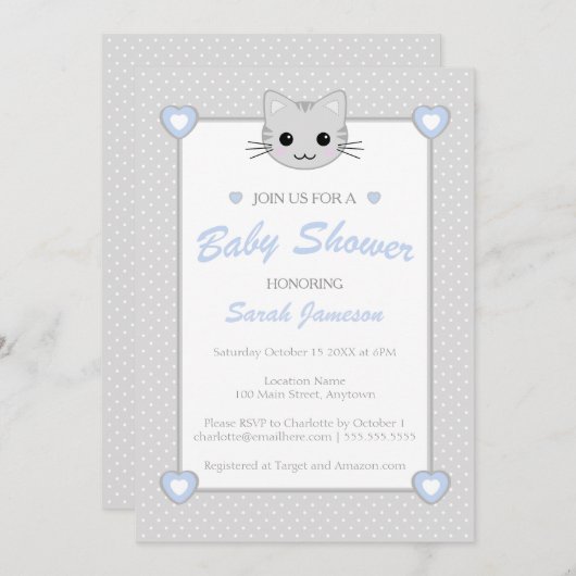 灰色がかった青い可愛いかわいい、猫動物の赤ちゃんシャワードット 招待状 (正面/裏面)