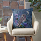 灰色がかった青の神秘的な紫色のフクロウと月 クッション