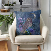 灰色がかった青の神秘的な紫色のフクロウと月 クッション