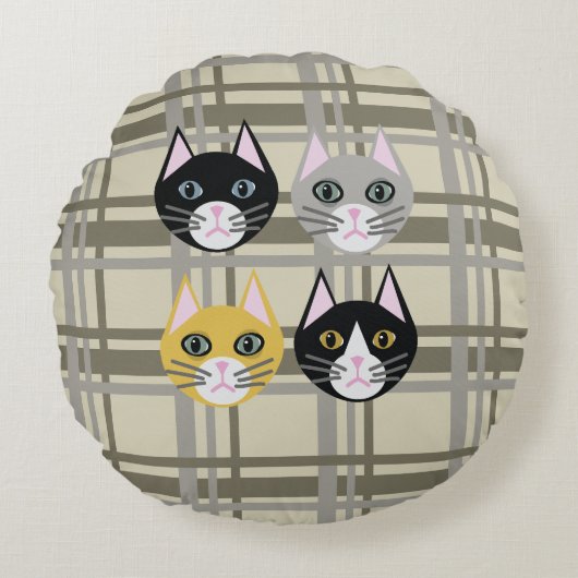 灰色とクリーム色のチェック猫 ラウンドクッション (正面)