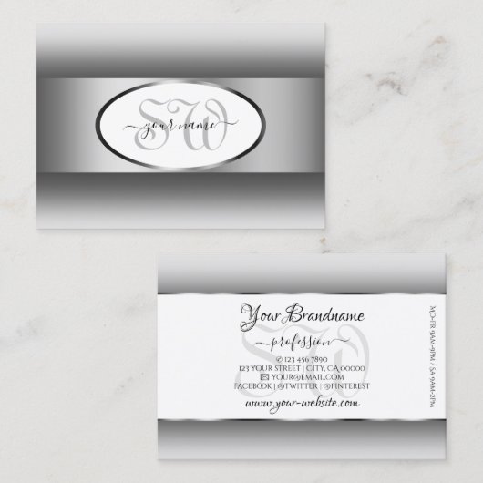 灰色と白のグラデーションのモノグラム楕円シルバーフレーム 名刺 (正面/裏面)