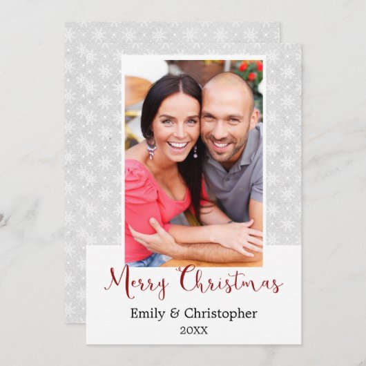 灰色と白のスノーフレークのクリスマスフォトカード シーズンカード (正面/裏面)