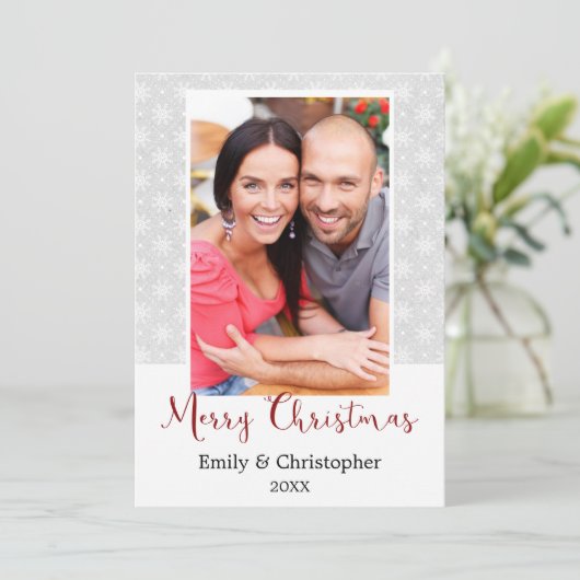 灰色と白のスノーフレークのクリスマスフォトカード シーズンカード (スタンド正面)