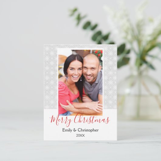 灰色と白のスノーフレークのクリスマスフォトカード シーズンポストカード (スタンド正面)