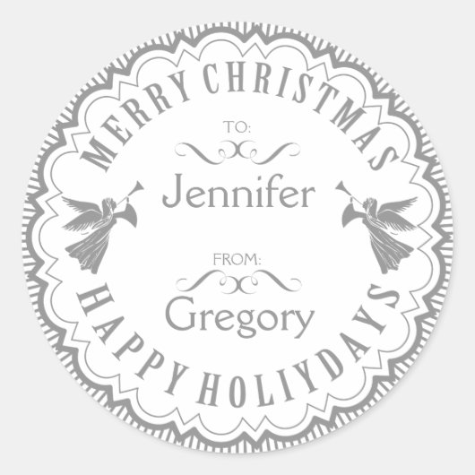 灰色と白のタイポグラフィによるクリスマスデザイン ラウンドシール (正面)