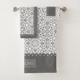 灰色と白のダマスクのパターン、鱗状縁ど バスタオルセット