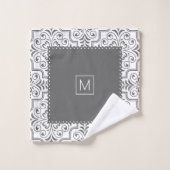 灰色と白のダマスクのパターン、鱗状縁ど バスタオルセット (ウォッシュタオル)