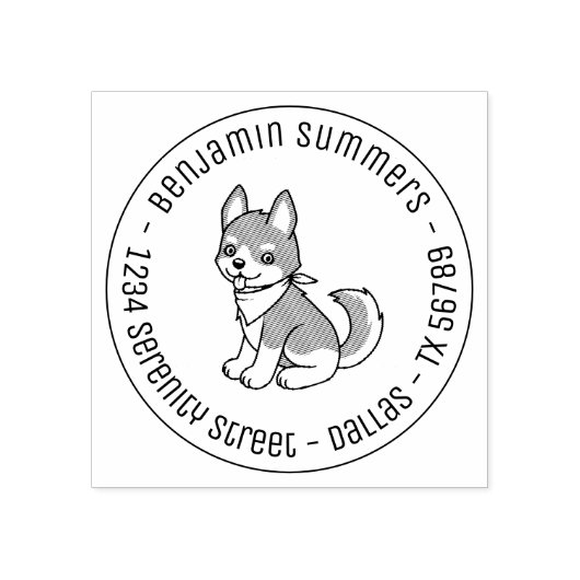 灰色と白のハスキーの犬の丸いアドレス ラバースタンプ (インプリント)