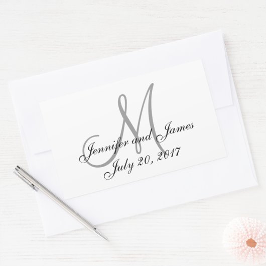 灰色と白のモノグラム長方形ウェディングラベル 長方形シール (封筒)