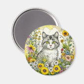灰色と白の子ネコが花に座る マグネット (正面/裏面)