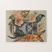 灰色と白の子猫、パステルフラワーチョウ ジグソーパズル (横)