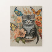 灰色と白の子猫、パステルフラワーチョウ ジグソーパズル (縦)