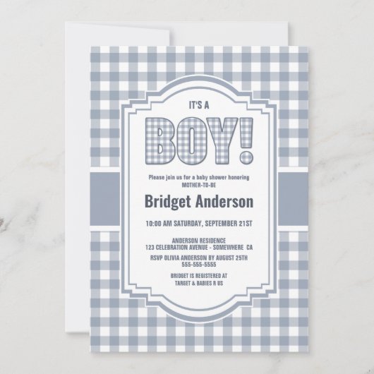 灰色と白の水牛の格子状の赤ちゃんシャワー 招待状 (正面)