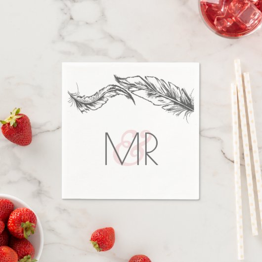 灰色と白の羽エレガントな結婚式 スタンダードカクテルナプキン (インサイチュ)