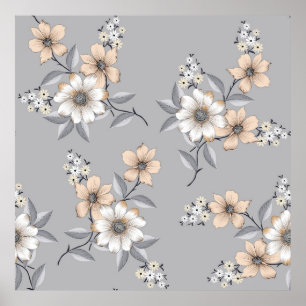 灰色と白の花グレーの背景にパターン ポスター