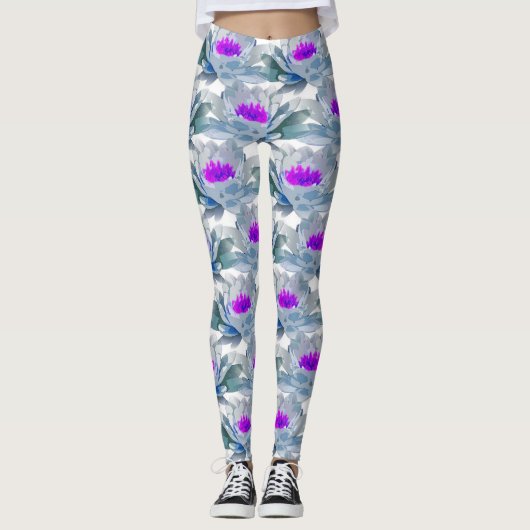 灰色と紫の花柄 レギンス (正面)