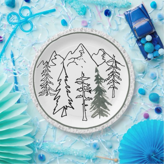 灰色と緑のミニマリスト屋外の山の木 ペーパープレート (パーティー)