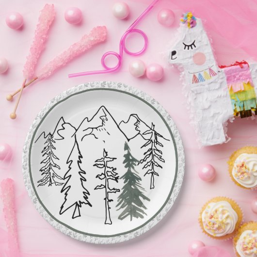 灰色と緑のミニマリスト屋外の山の木 ペーパープレート (パーティー)