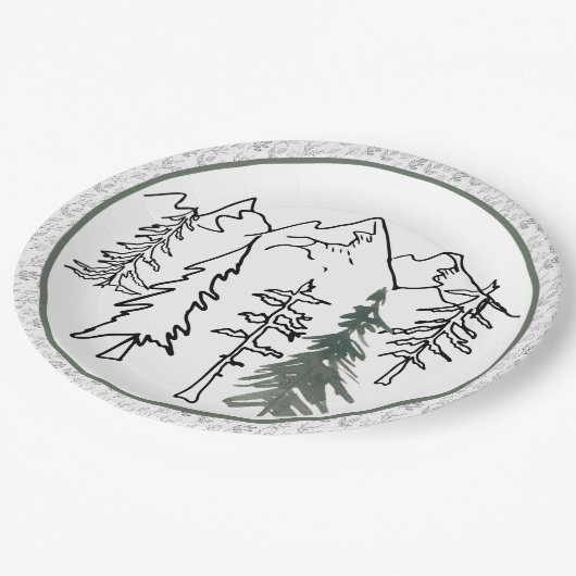 灰色と緑のミニマリスト屋外の山の木 ペーパープレート (アングル)