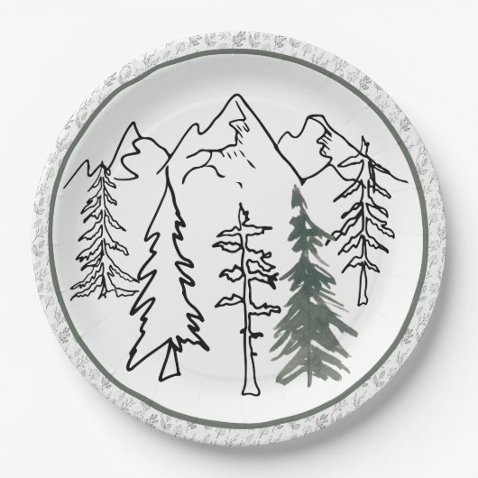 灰色と緑のミニマリスト屋外の山の木 ペーパープレート (正面)