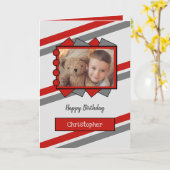 灰色と赤の写真と名前の子供の誕生日 カード (黄色い花)