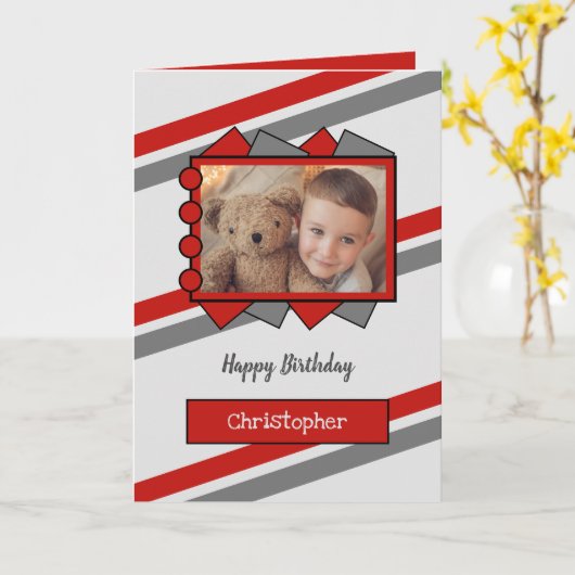 灰色と赤の写真と名前の子供の誕生日 カード (黄色い花)