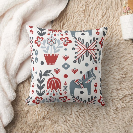 灰色と赤の北欧ポニーと花のパターン クッション (ブランケット)